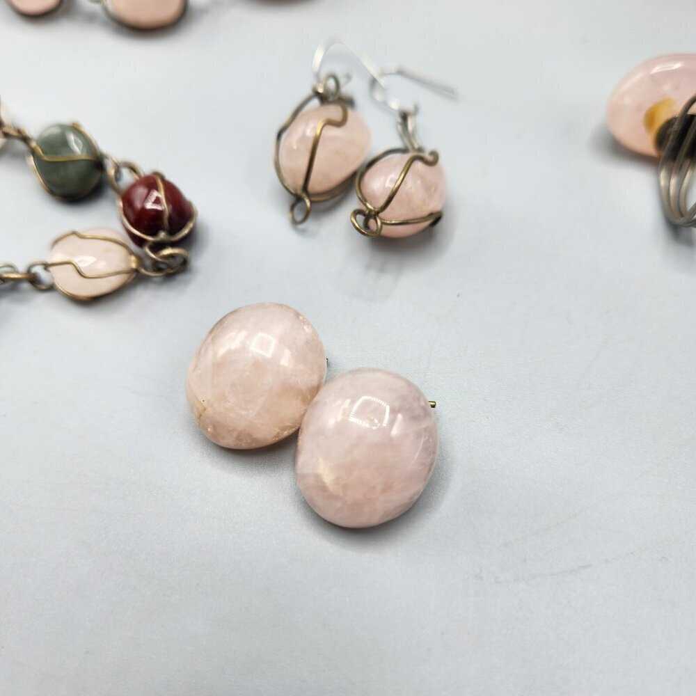 Caged Rose Quartz Necklace Wire Wrapped Polished Stones Bracelet Earrings Ring - Picture 9 of 11
